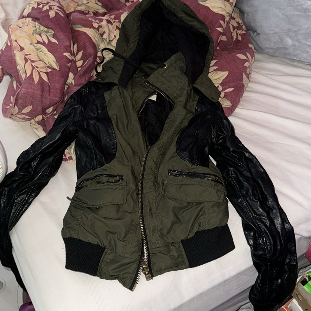 garage brand forest green & black pleather bomber jacket